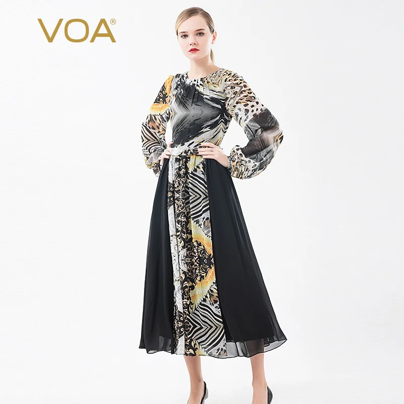 

VOA шелк печати пузырь с длинным рукавом офисные женские платья сшитые вечерние элегантные для женщин одежда A11301