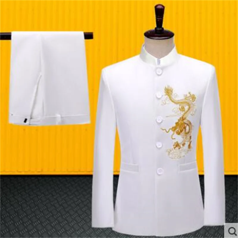 Blazer men groom suit set with pants mens white Chinese tunic suit singer stage clothing embroidery formal dress b590