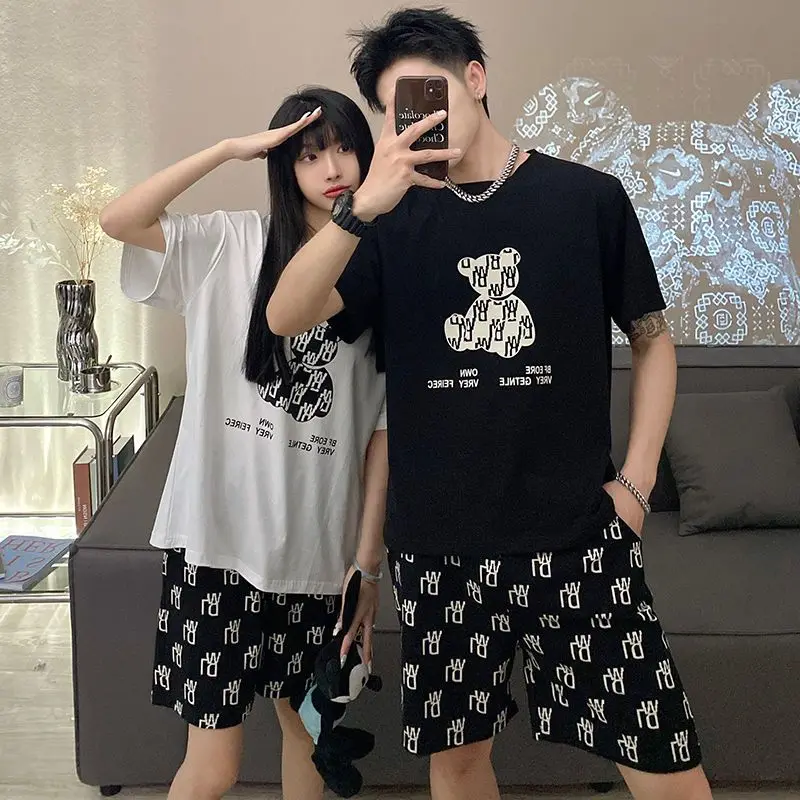 Couple pajama men's summer short-sleeved shorts loose plus size 2023 new pajamas women's summer short-sleeved loungewear