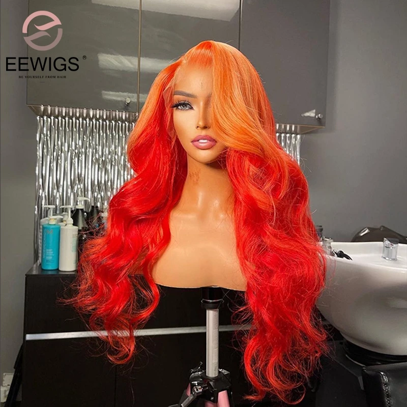 Orange 13×4 Synthetic Transparent Lace Front Ombre 2 Tone Colored Loose Wave Preplucked 30 Inch Cosplay Wigs For Women