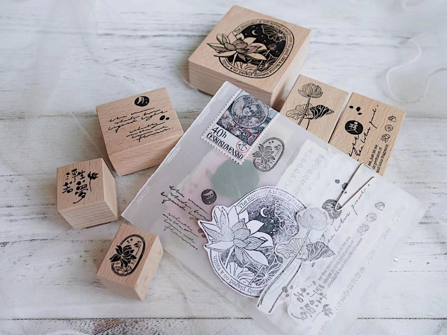 Винтажный деревянный резиновый штамп в форме лотоса с лунным светом для