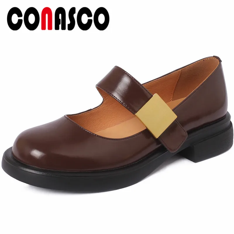 

CONASCO Classic Retro Shoes Women Spring Summer Cow Leather Office Casual Basic Shoes Woman Fashion Metal Decoration Shoes