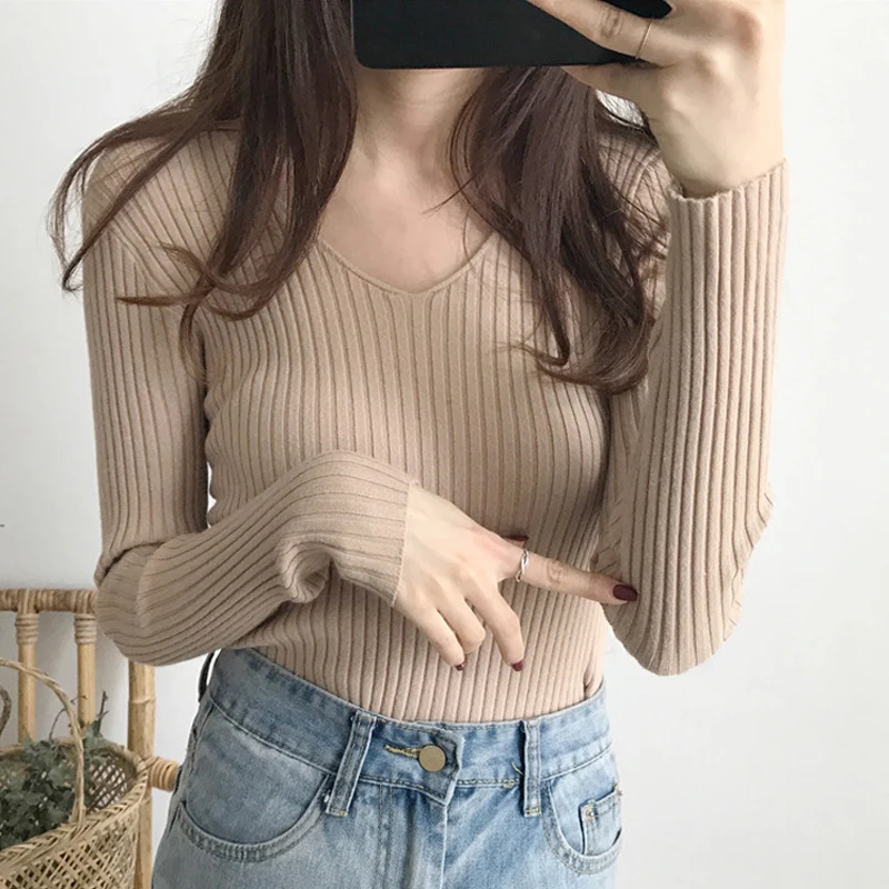 

Casual Sweaters Fashion Women Autumn Winter V-Neck Sweater Long Sleeve Tops Knitted Jumper Slim Korean Pullover Clothes 24415