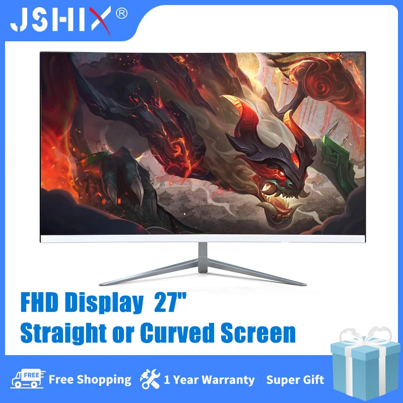 

JSHIX 27 Inch Straight Monitor IPS FHD 75Hz Desktop Gaming Computer 1920*1080 Business Curved Display Screen HDMI Compatible/VGA