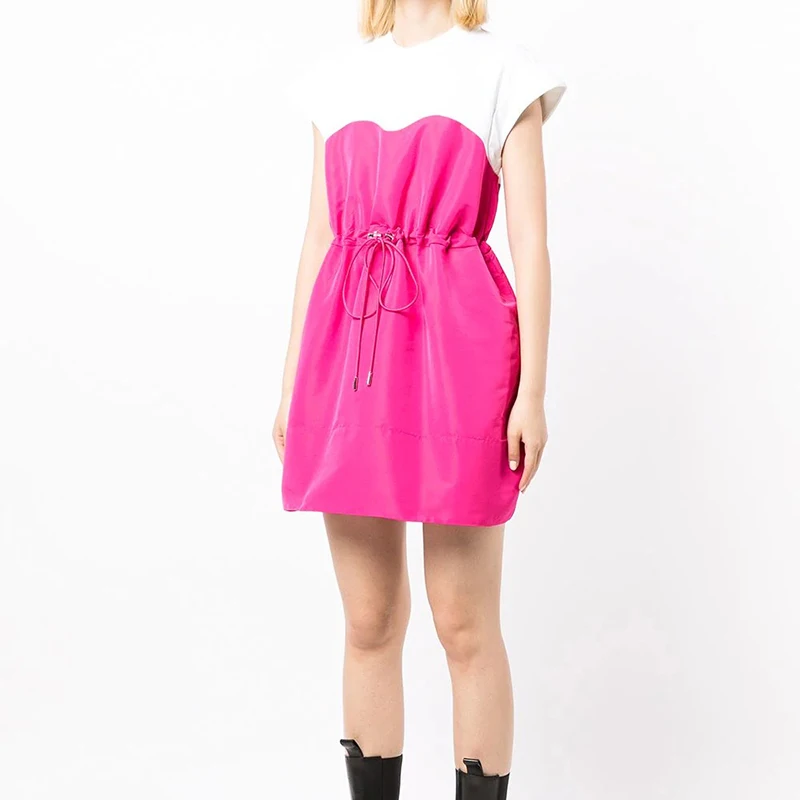 

Dresses For Women New Fashion 2022 High Quality O-neck Short Sleeve Double Color Stitching Drawstring Dress Casual Loose Dress