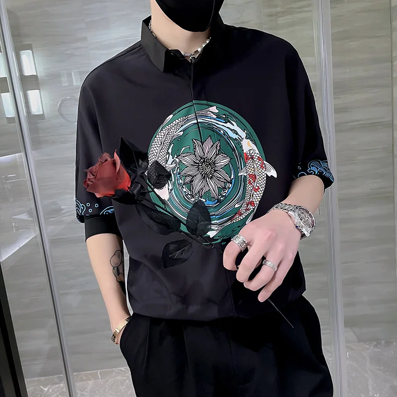 Summer Vintage Print Men Pullover Shirts Men Half Sleeve Loose Casual Shirt Streetwear Social Party Tuxedo Blouse Men Clothing