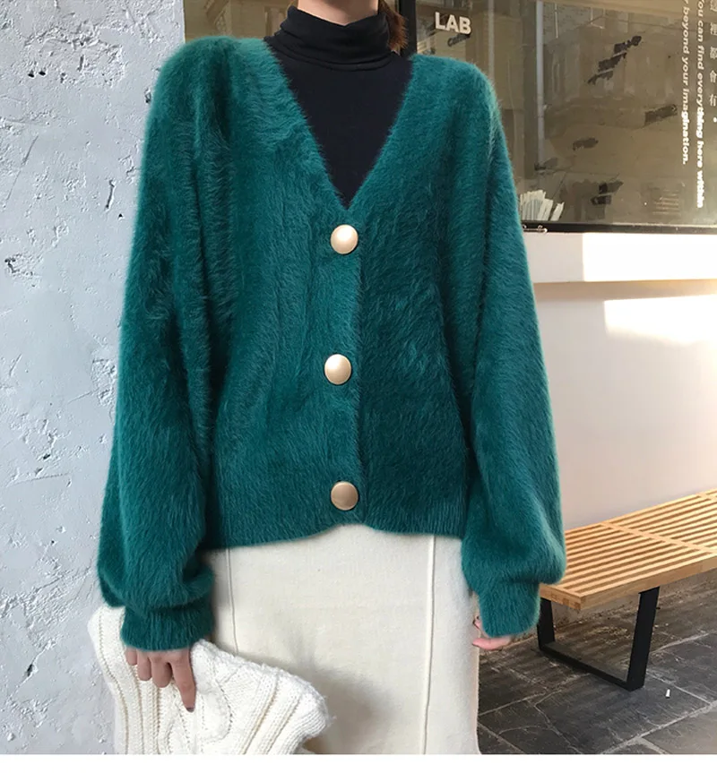 Teddy Jacket Coat Elegant Loose Women Knitted Cardigans Lantern Sleeve Mohair Jumpers 2020 Autumn winter Female Fluffy Jackets