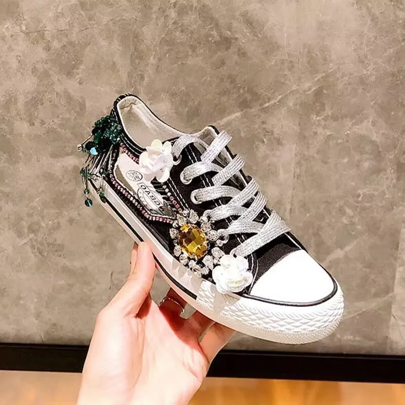 

Cut-out rhinestone flowers handmade custom canvas shoes sequin fringe lace-up high top casual shoes for women 36-40