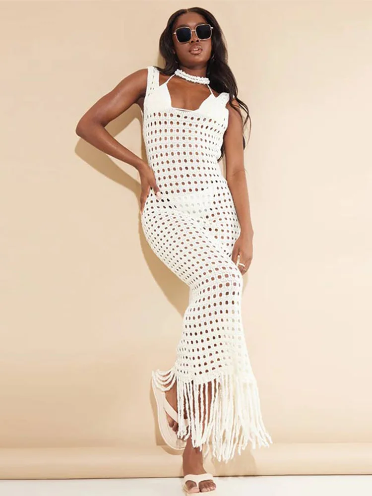 

Woman Solid U-neck Fringed Knitted Long Dress Fashion Sexy Backless Hollowed Out Hip Dress 2022 Summer Beach Style Elegant Robe