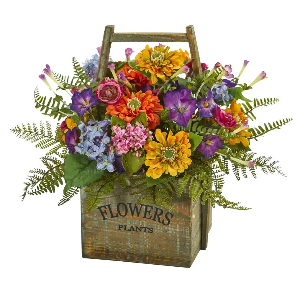 

Mixed Floral Artificial Flower Arrangement in Wood Basket, Multicolored
