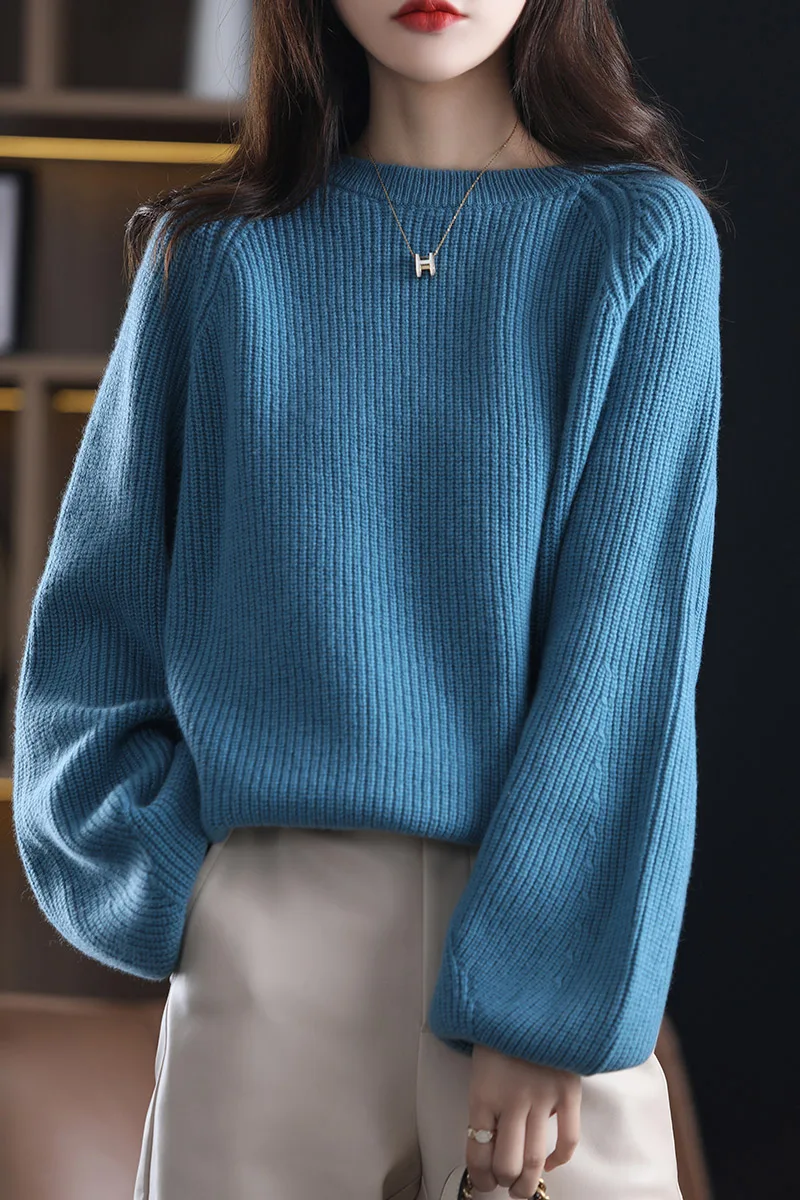 

Winter Women Sweater Female Pullover Long Sleeve Loose Round Collar Casual Thick 100% Wool Knitted Top Clothing Jumper Oversize
