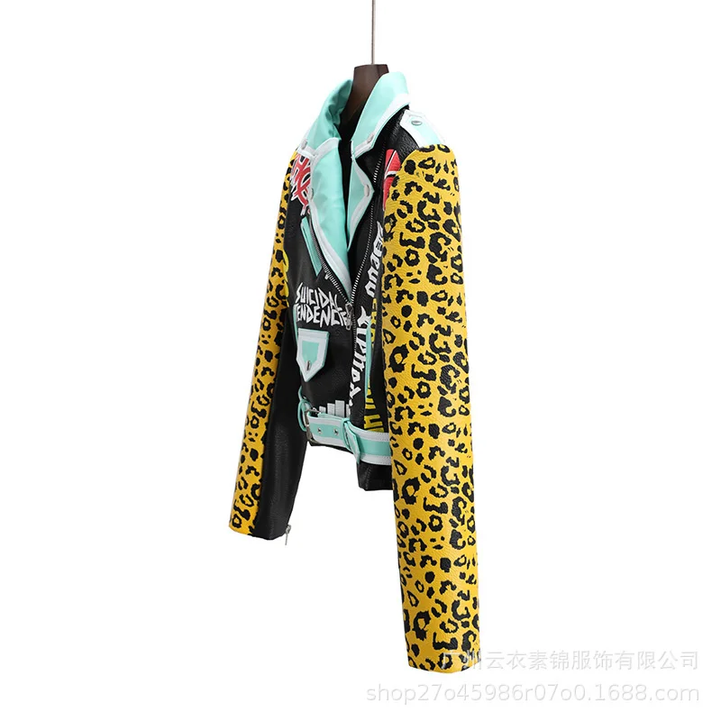European And American Motorcycle Wear Short Women'S Leather Coat Printing Brand Suit Lapel Fashion Personality S enlarge