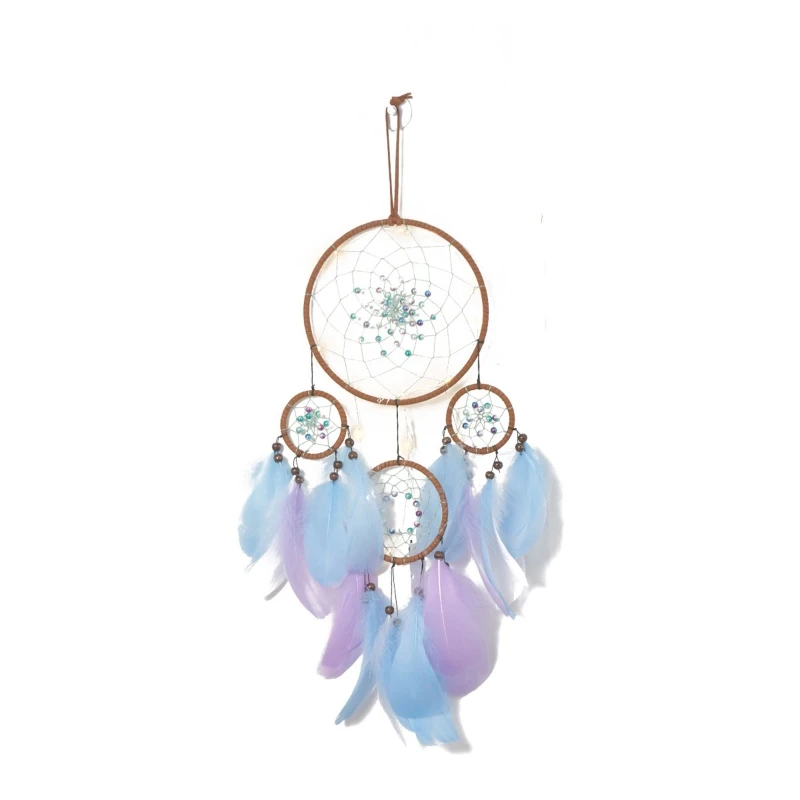 

Dream Catchers with 4 Rings Woven Beaded Circular Net Colorful Feather Tassel Wind Chimes Indian Wall Hanging Ornament