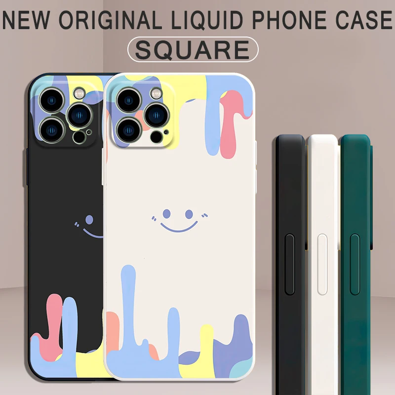 

Case For iPhone 11 12 13 Pro XR X XS Max Mini Liquid Silicone Phone Funda For iPhone 8 7 6s 6 Plus Color Smiling Face Couqe Capa