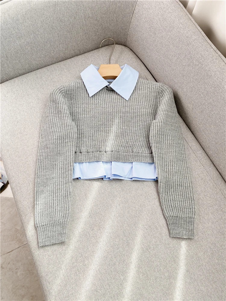 Collar Knit Shirt Shirt 2022 Autumn and Winter New Commuter Splicing Fake Two Pieces of Long Sleeve Knitwear Women