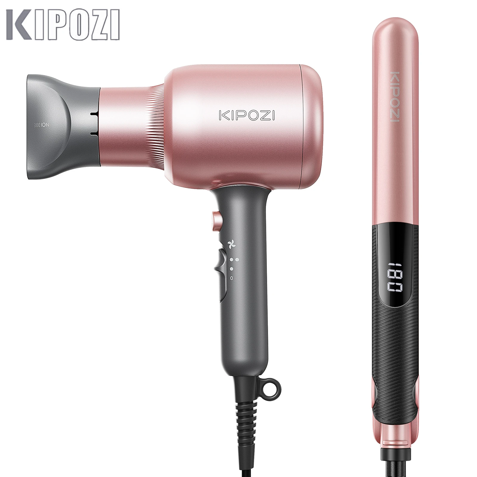 KIPOZI Professional Dual Voltage Hair Striaghtener Instant Heating LED Display Flat Iron 2 In 1 Curling Iron and Hair Dryer Set