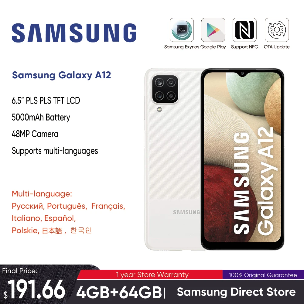 

New Samsung Galaxy A12 White Smartphone 4GB RAM 64GB ROM Phone 6.5" Display 48MP Dual-SIM 4G LTE Mobile 5000mAh Battery