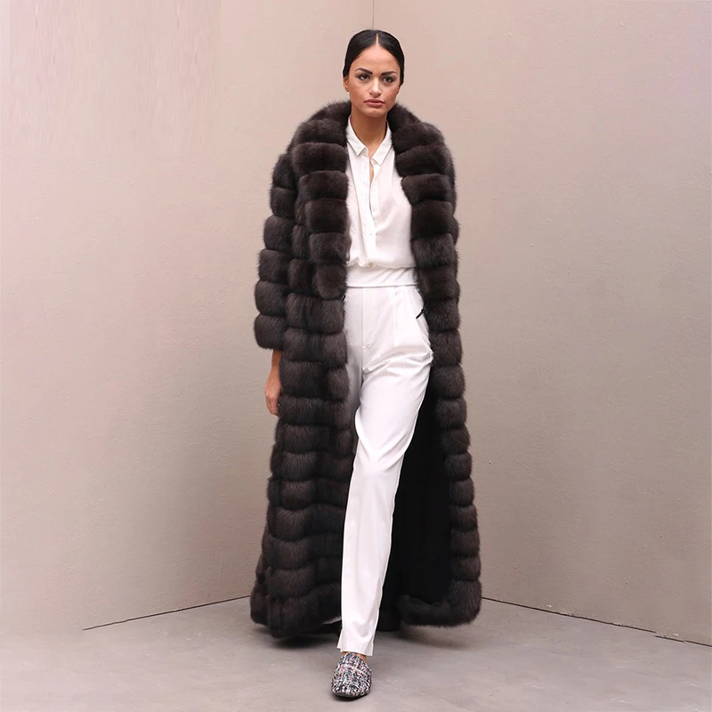 Luxury 100% Real Fox Fur Coat For Women Winter Nature Fur Sable Color Overcoat Plus Size 130cm Long Removable Real Fur Jacket