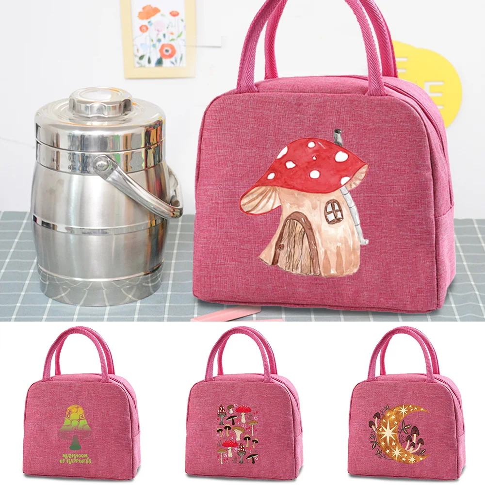 

2022 Mushroom Printing Lunch Box Bag Cooler Picnic Bag Fashion Lunch Bag Canvas Food Insulated Dinner Bag Camping Travel Handbag
