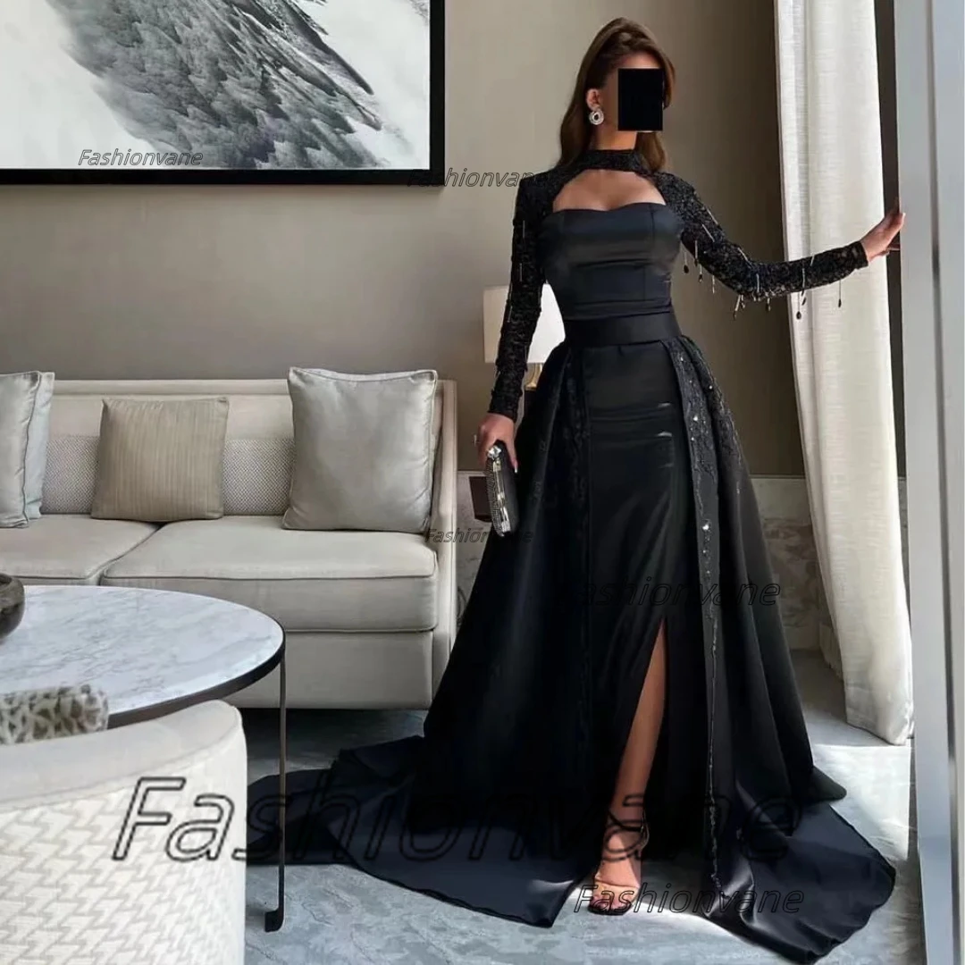 

Fashionvane Vestidos Prom Dresses Black Side Slit Detachable Train Evening Party Formal Dress Beadings Long Sleeves Special Gown