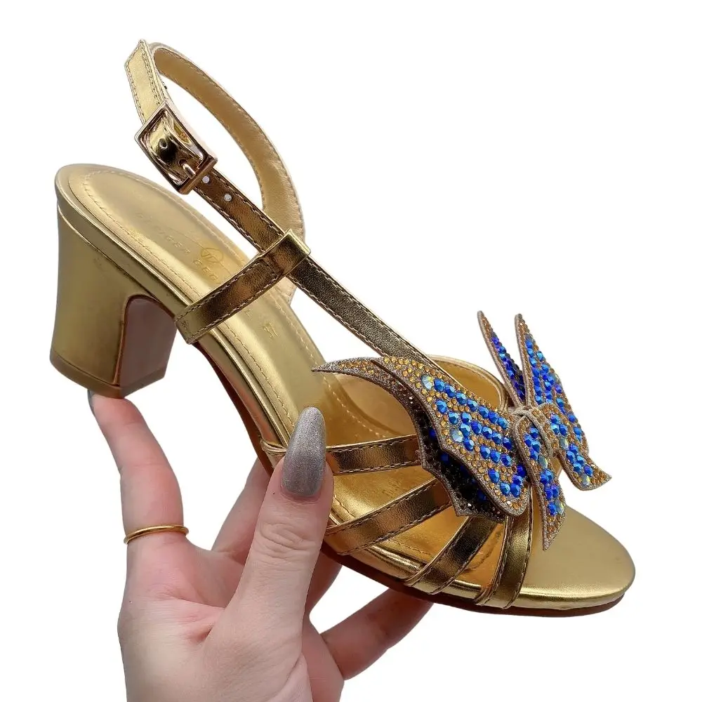 Italian Sexy Women Designer Sandals Slingbacks Butterfly Decor Rhinestone Chunky Sandals Fashion Medium Heels Lady Sandal Woman