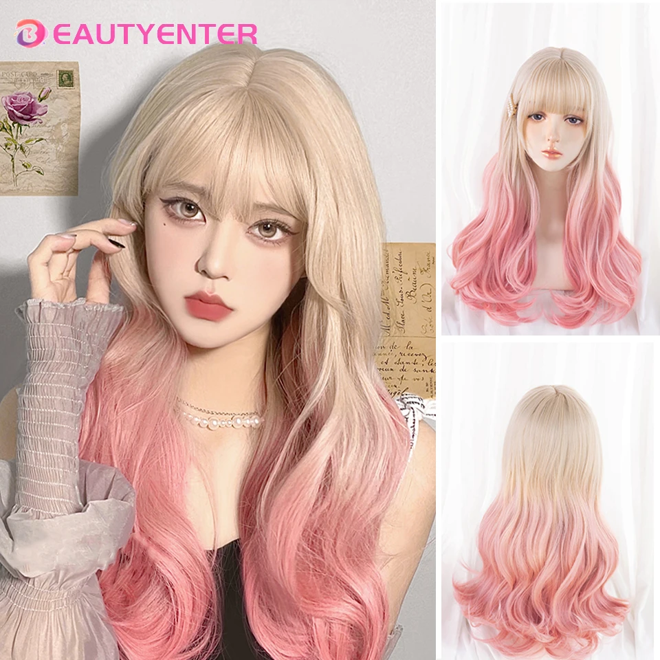 

Synthetic Golden pink long straight wig For Women Ombre Pink Purple Lolita Bobo Wigs with Bangs Heat Resistant Cosplay Daily