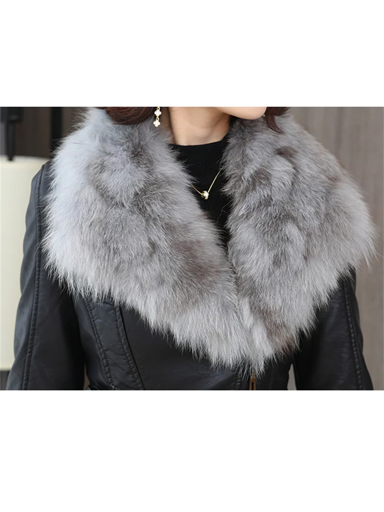 Leather Jacket Women Black PU Fashion 2022 Spring New Big Faux Fur Collar Long Slim Office Lady Leather Trench Coat With Belt enlarge