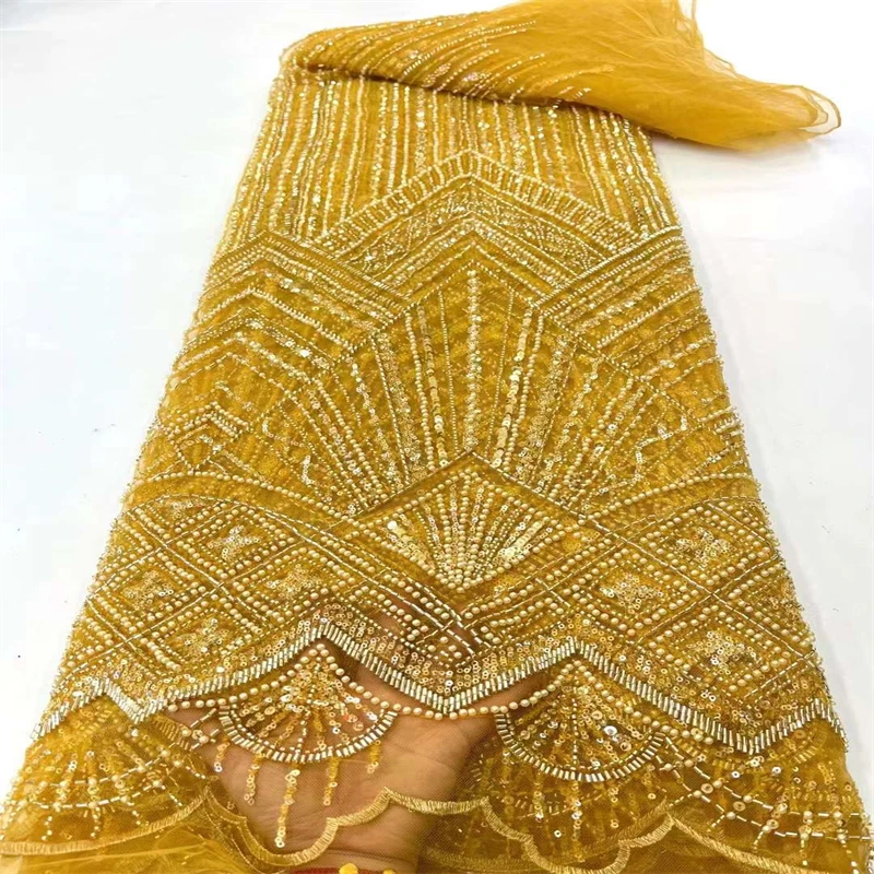 

African Handmade Beaded Lace Fabric 2022 High Quality Lace French Lace Fabric Mesh Nigeria Fabric For Wedding Dress xc16-16
