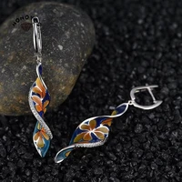 fashion creative spiral leaf enamel cloisonne flower long pendant earrings for women fashion statement earrings