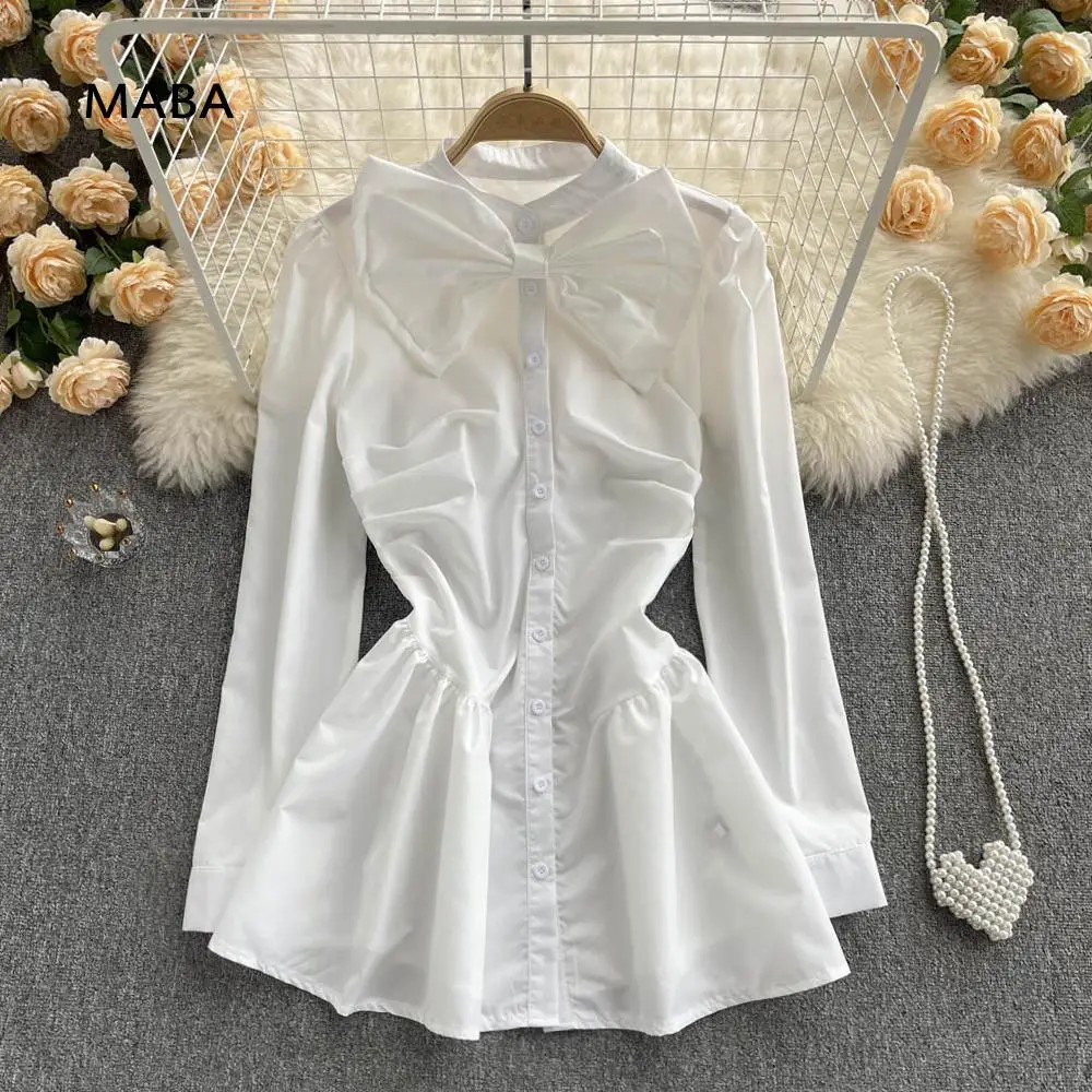 

Женское белое платье-рубашка с бантом, весна-лето 2022, облегающее короткое платье с длинным рукавом и воротником, модные платья, праздничное ...