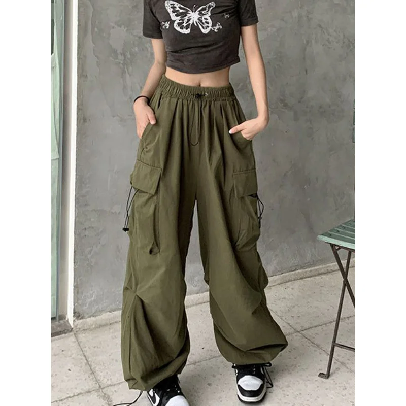 

Повседневные Зеленые рабочие брюки Y2K в стиле милитари, женская уличная одежда на шнуровке, свободные прямые брюки с широкими штанинами, жен...