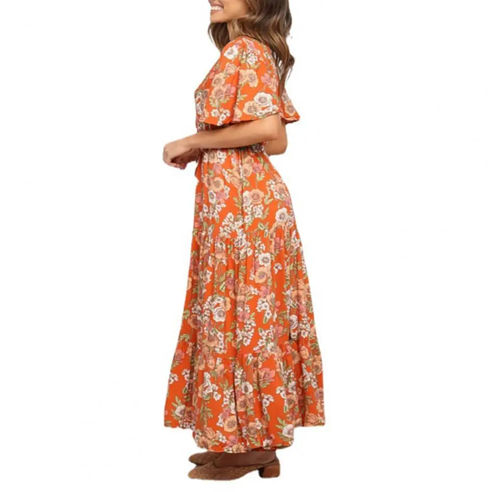 

Stylish Maxi Dress Slim Fit Skin-touching Beach Dress Ruffle Short Sleeve Slim Long Dress
