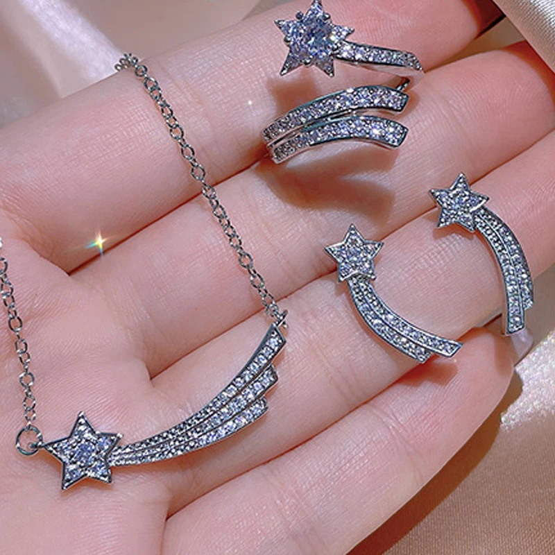 

Uilz 2022 Silver Color Wedding Zircon Crystal Jewelry Set for Women Bracelet Earrings Necklace Pendant Ring Sets Bridal Gift