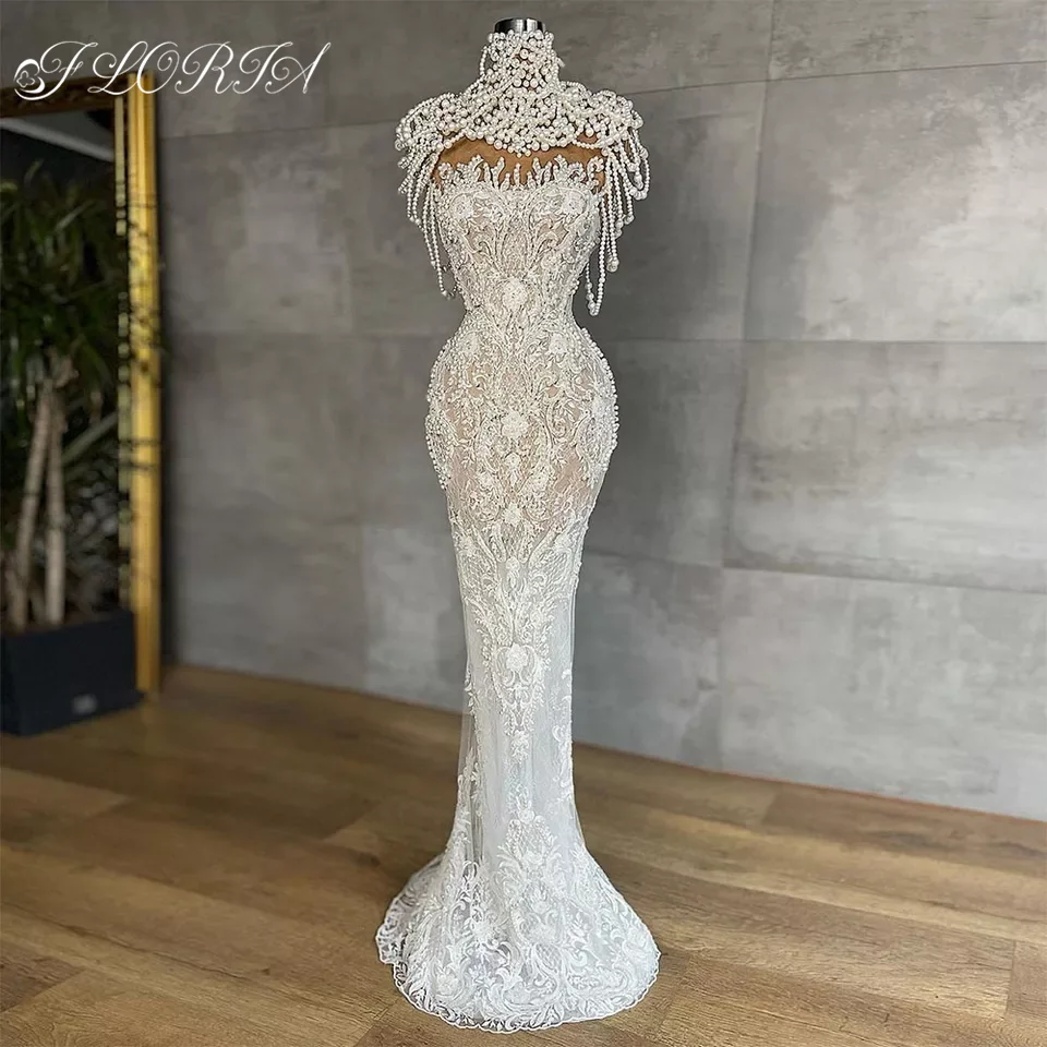 

Elegant Pearls Lace Mermaid Evening Dresses Beading Tassels Celebrity Dress Illusion Prom Party Gowns Formal Robe De Soiree