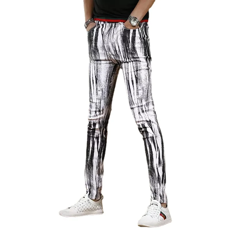 Summer Men Striped Printed White Jeans Streetwear Casual Slim Fit Straight Pants Korean Style Digital Printing Denim Trousers