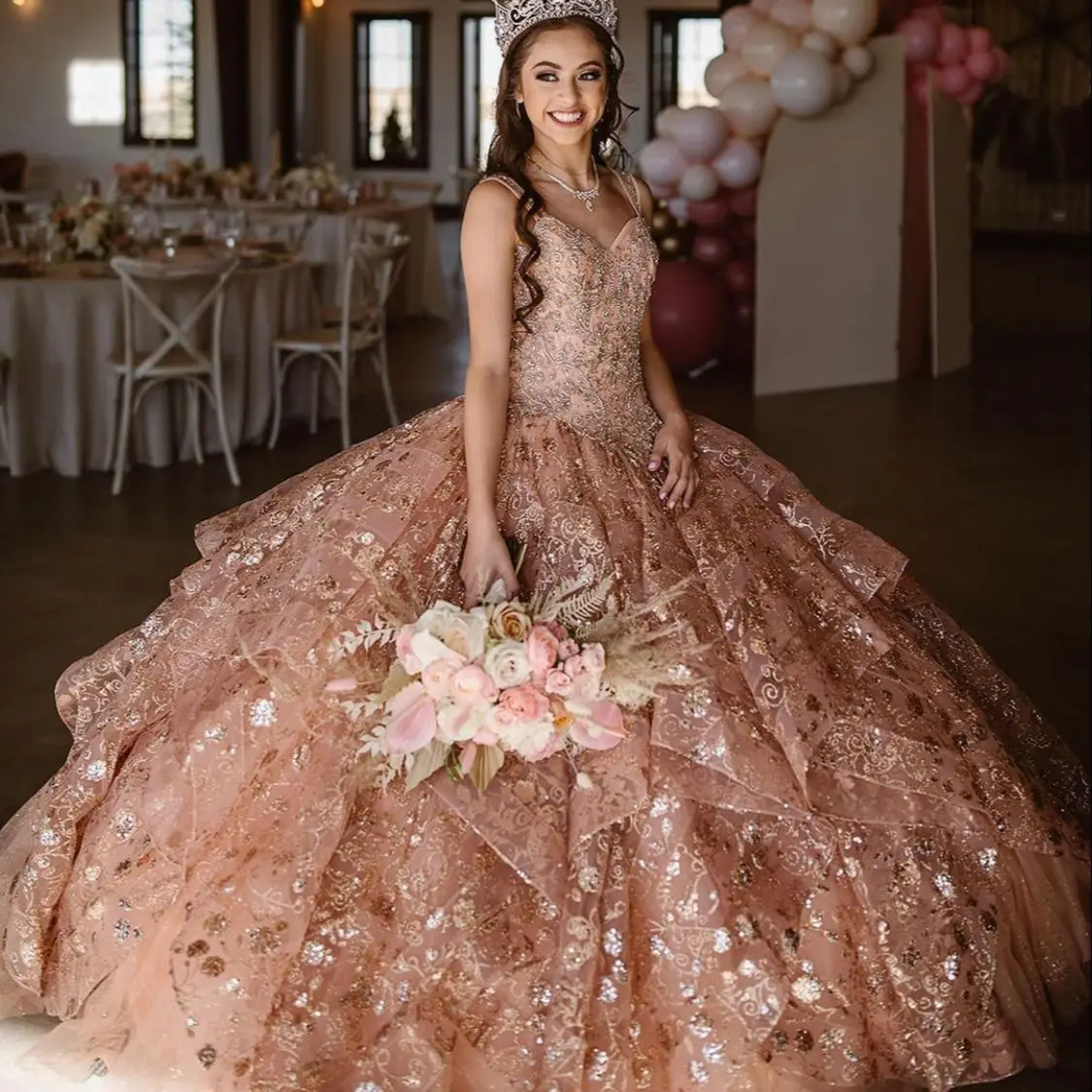 Rose Gold Luxury Quinceanera Dress 2022 Sequins Beads Sleeveless Gorgeous Party Princess Sweet 16 Ball Gown Vestidos De 15 Años