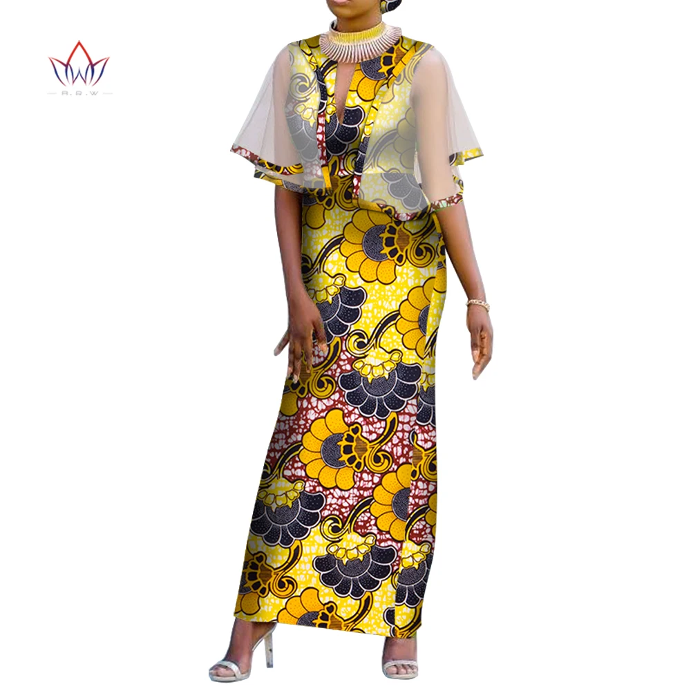 

BintaRealWax African Women Dresses Dashiki Africa Wax Print Organza Cape Long Dress Vestidos Customized Elegant Clothing WY3540