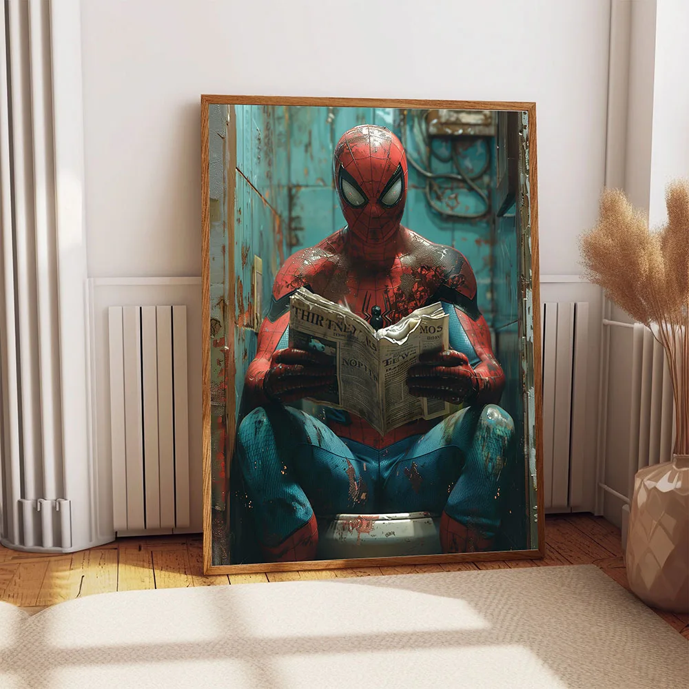 Забавный супергерой в туалете с газетами холст картина печать ретро ванная