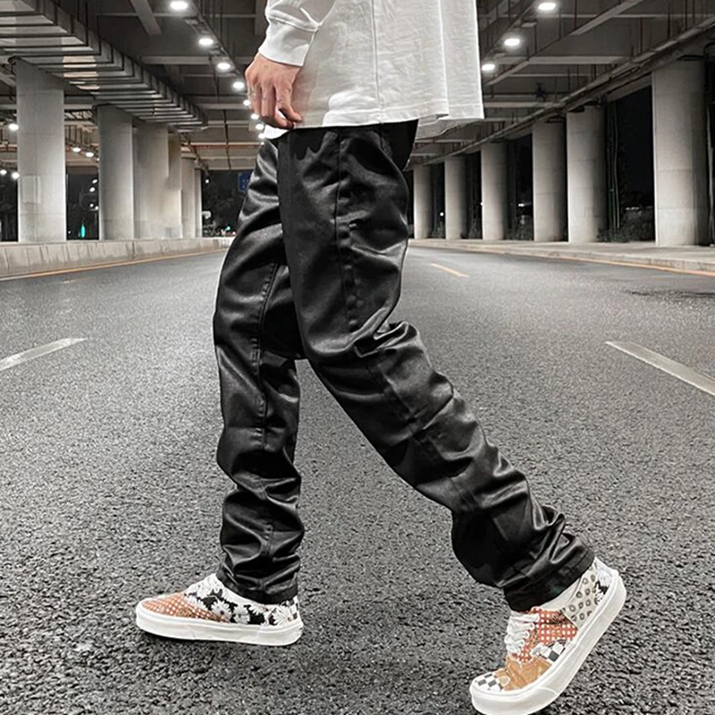 Черные мужские джинсы Harajuku Vibe Вощеные повседневные брюки прямые брюки-карандаш