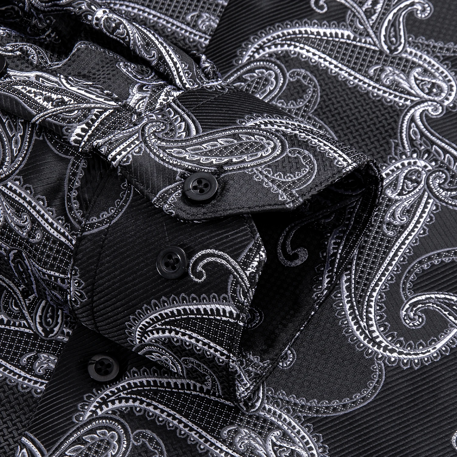 Hi-Tie Men's Silk Shirts Long Sleeve Lapel Black Grey Paisley Shirt For Male Soft Breathable High Quality Business Daily Use XXL