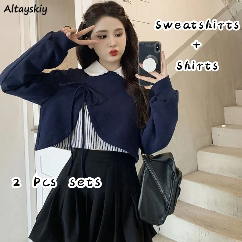 

Женский комплект с длинным рукавом, полосатая рубашка, необычный свитшот с бантом, укороченный топ с воротником «Питер Пэн», элегантная Милая одежда в стиле преппи