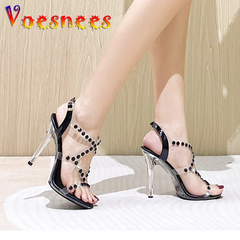 

Women Sexy Crystal Transparent Thin High Heels Sandals Fashion Rhinestone Ankle Buckle Strap Woman Shoe 11CM Summer Party Shoes