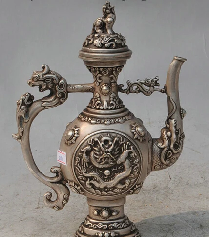 

wholesale factory 9inch Chinese Silver Dragon Unicorn Head PiXiu Statue Folk Flagon Teapot Wine Pot