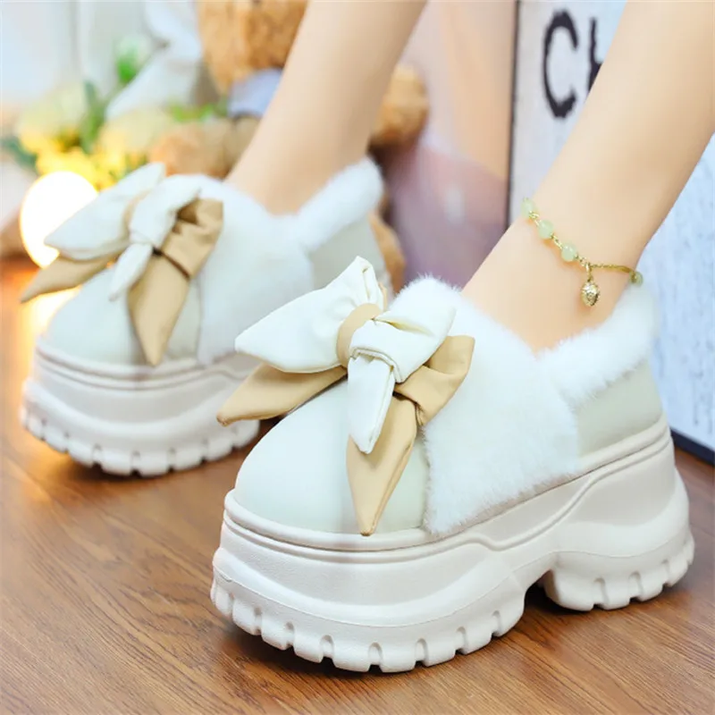 Лоферы с бантом женская обувь на меху повседневные женские кроссовки платформе