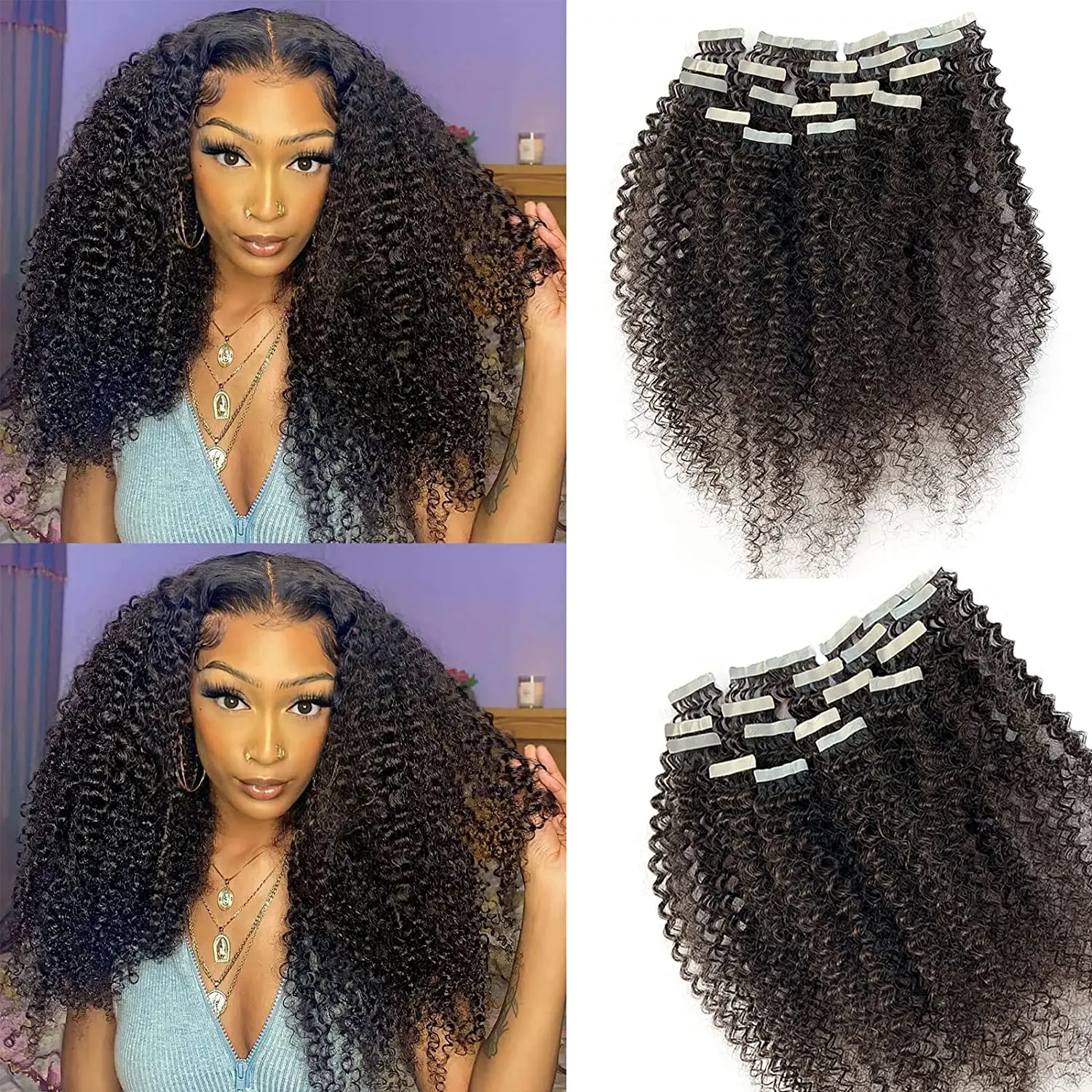 

Kinky Curly Tape In Human Hair Extensions Skin Weft Hair Extensions Adhesive Invisible Brazilian Bulk Remy Hair For Black Women