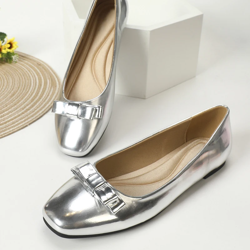 Woman Square Toe Bowtie Shoes Ladies Big Size 42/43 Moccasins Shallow Slip On Loafers Femme Ballets Shiny Flats