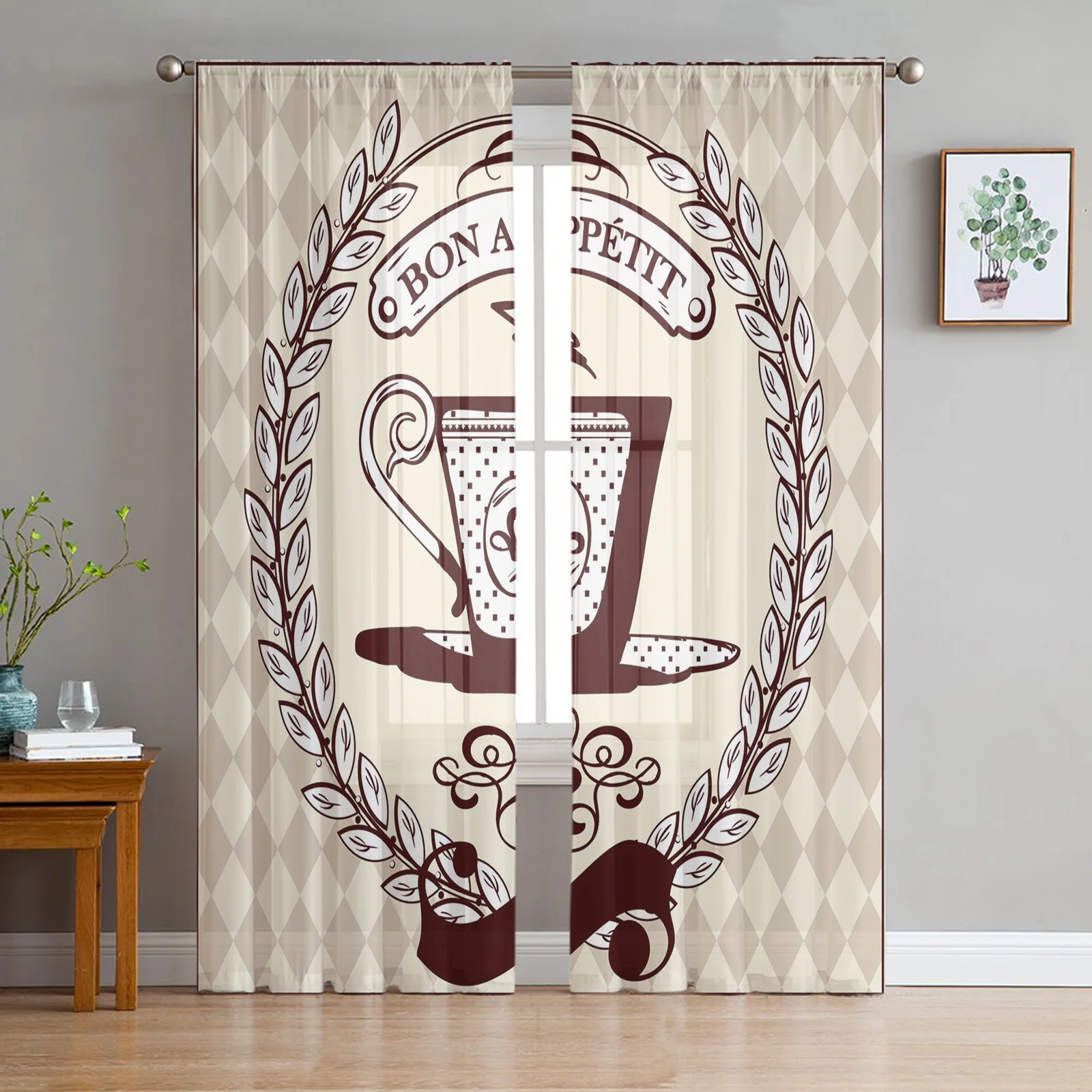 

Coffee Cup Wreath Retro Style Sheer Curtains Tulle for Living Room Bedroom Kitchen Voile Drapes Home Decoration Window Treatment