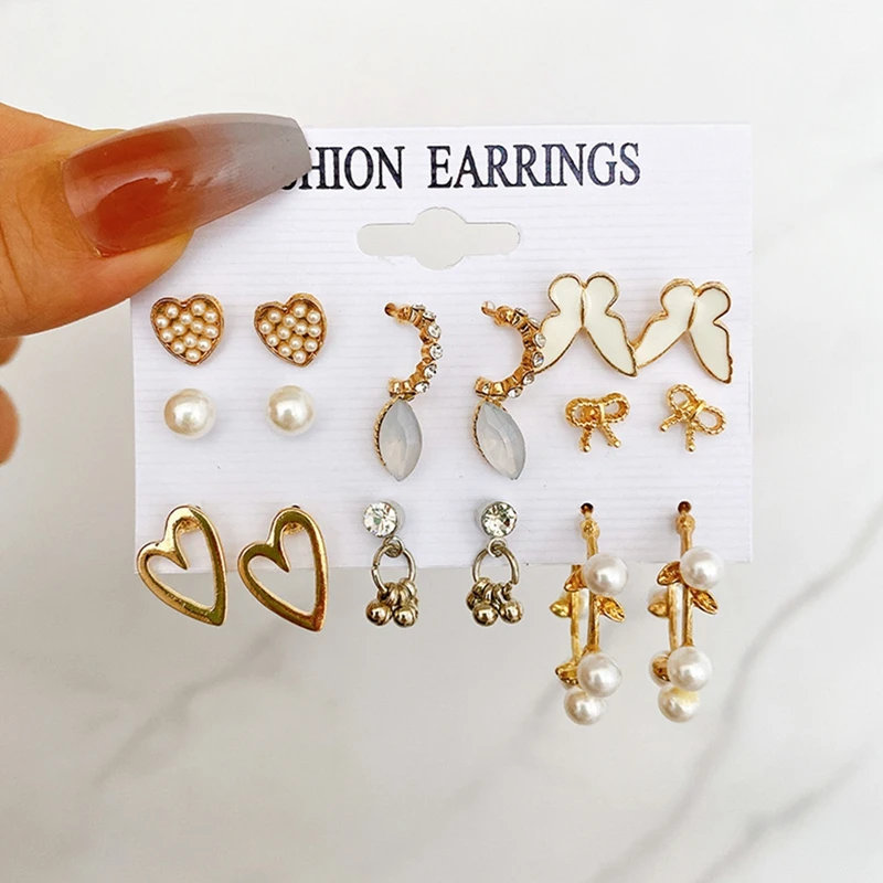 

9Pairs Trendy Gold Color Butterfly Heart Pearl Hoop Earrings Set For Women Metal Heart Earrings Jewelry Gifts