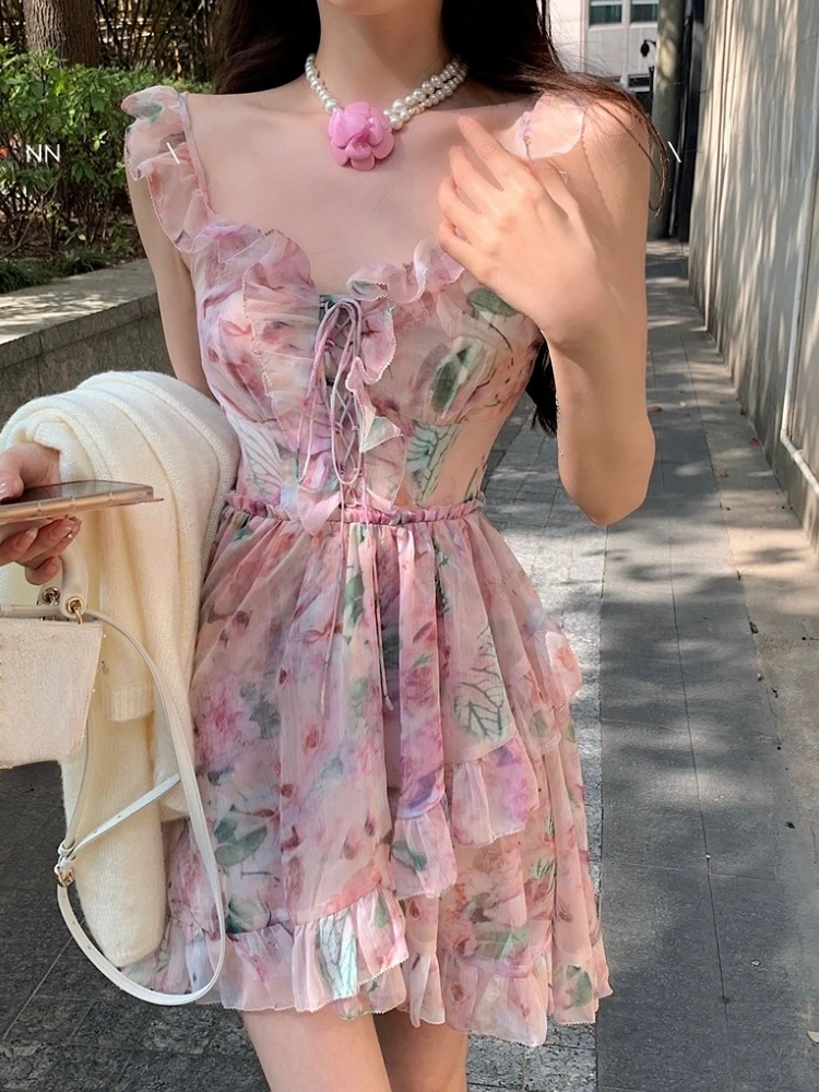 

2023 Summer Elegant Floral Dress Women Casual Sleeveless Even Party Y2k Mini Dress Office Lady Vintage Sexy Korean Dress Chic