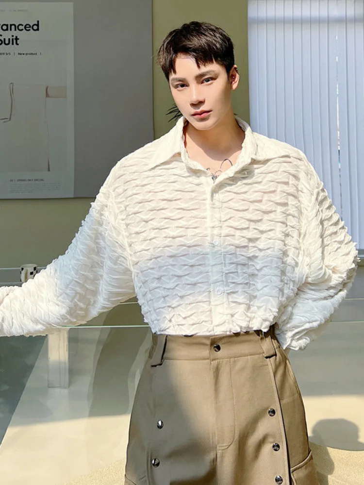 

SYUHGFA 2022 Spring Autumn New Turn Down Collar Long Sleeve Shirt For Male Embossing Loose Casual Shirts Tops Men Clothing